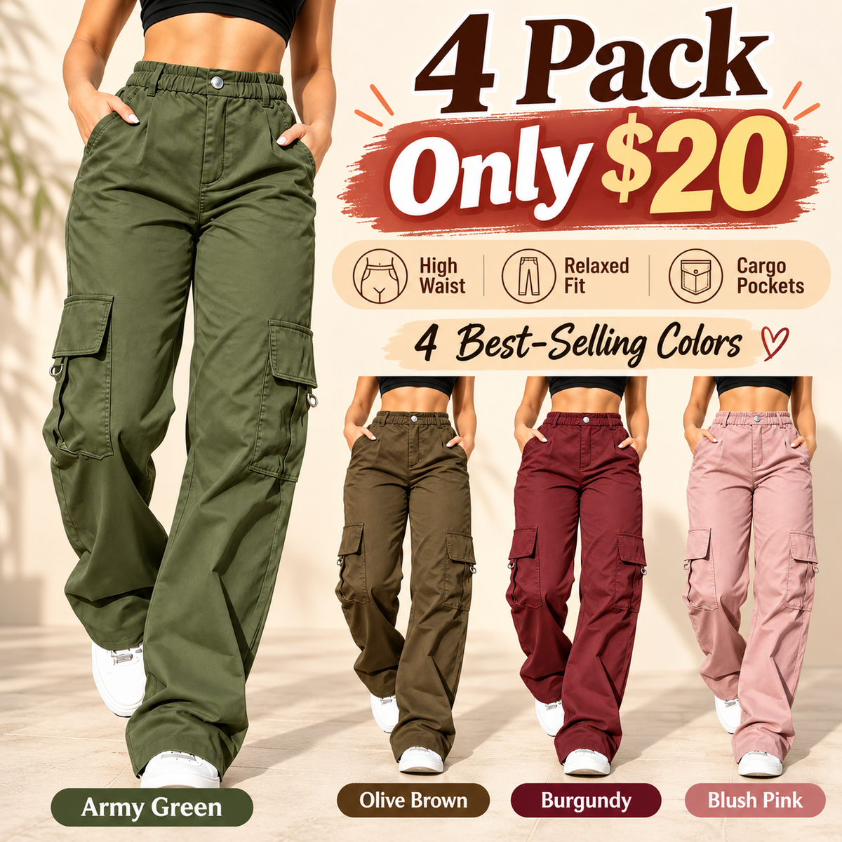 Women's High-Waisted Relaxed Cargo Pants with Pockets – 100% Cotton