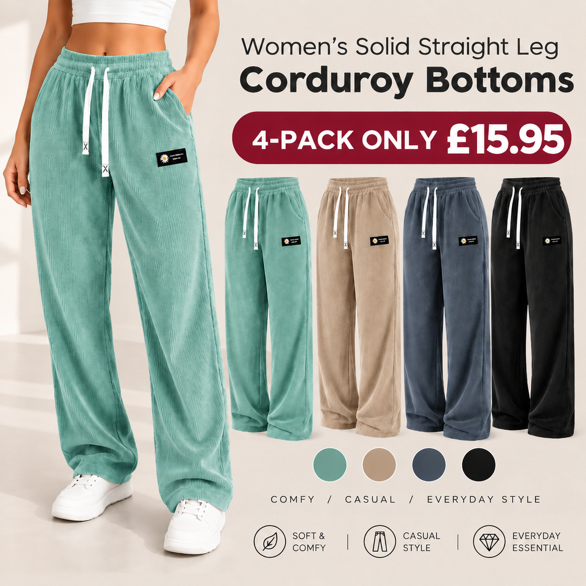 🔥 LAST DAY SALE –Women's Solid Straight Leg Corduroy Bottoms-100% Cotton
