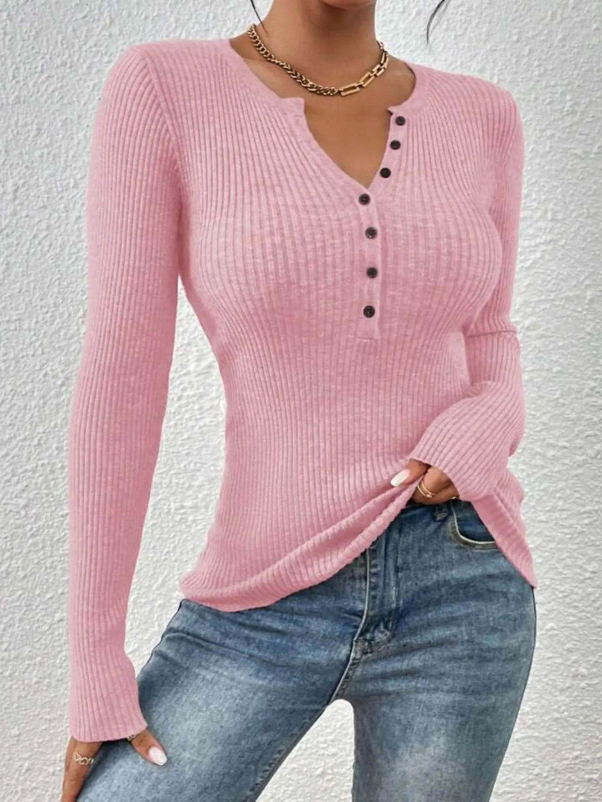 Women's Plain Basic Button Front Ribbed Sweater Tops