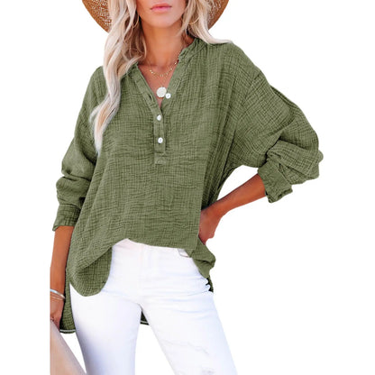 Womens Casual Button V Neck Long Sleeve Shirts Oversized Solid Blouses Tops