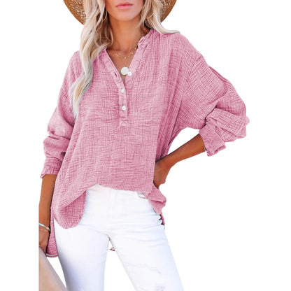 Womens Casual Button V Neck Long Sleeve Shirts Oversized Solid Blouses Tops