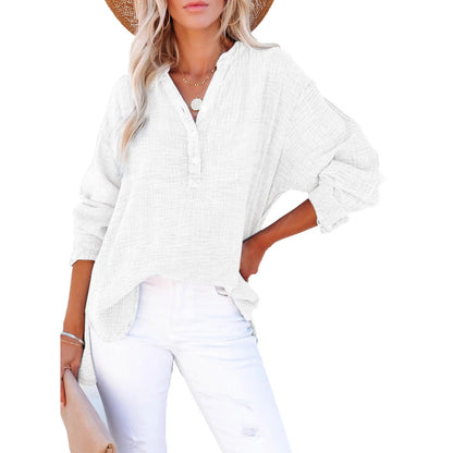 Womens Casual Button V Neck Long Sleeve Shirts Oversized Solid Blouses Tops