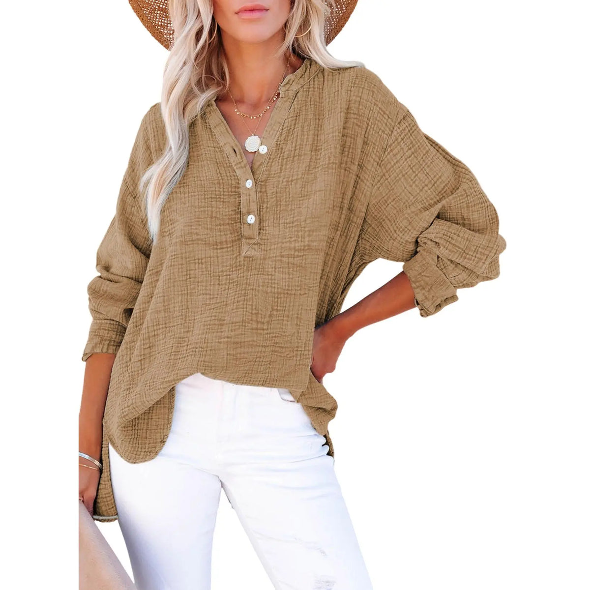 Womens Casual Button V Neck Long Sleeve Shirts Oversized Solid Blouses Tops
