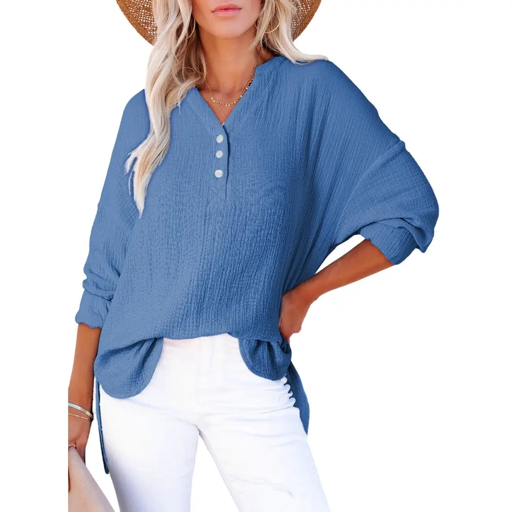 Womens Casual Button V Neck Long Sleeve Shirts Oversized Solid Blouses Tops