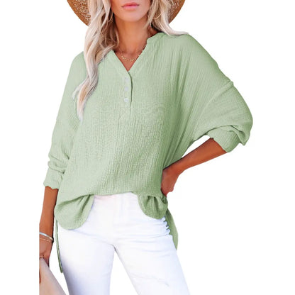 Womens Casual Button V Neck Long Sleeve Shirts Oversized Solid Blouses Tops