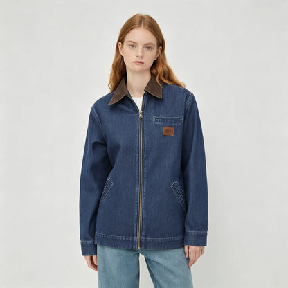 Women's Clean Fit Zipper Denim Jacket - Long Sleeve Casual Jean Jacket