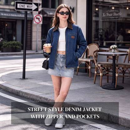 Women's Clean Fit Zipper Denim Jacket - Long Sleeve Casual Jean Jacket