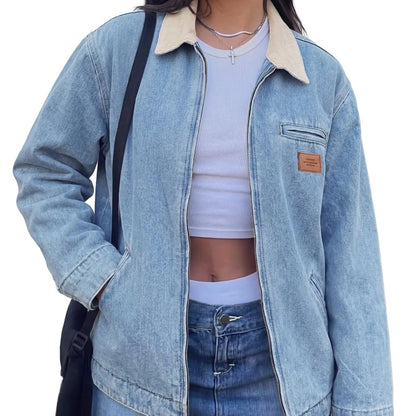 Women's Clean Fit Zipper Denim Jacket - Long Sleeve Casual Jean Jacket
