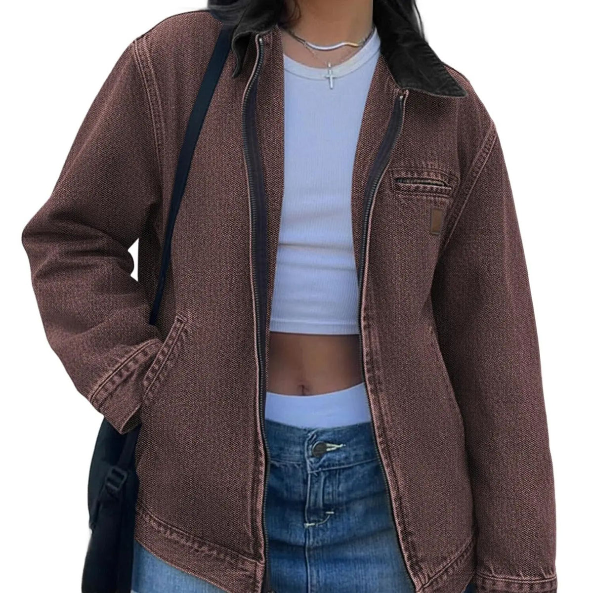 Women's Clean Fit Zipper Denim Jacket - Long Sleeve Casual Jean Jacket