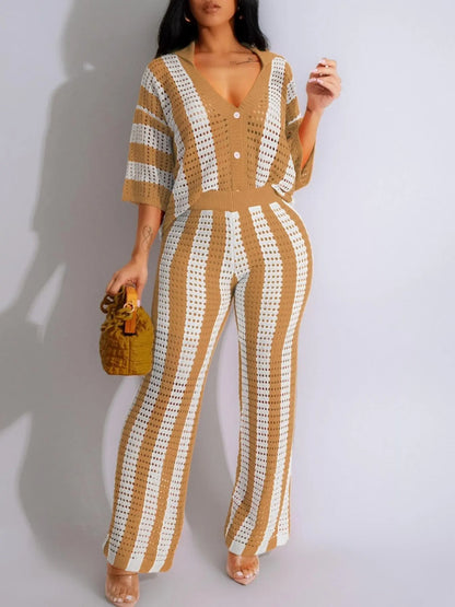 Women's Color-Block Striped Cutout Button-Front Top & Wide-Leg Pants Two-Piece Set