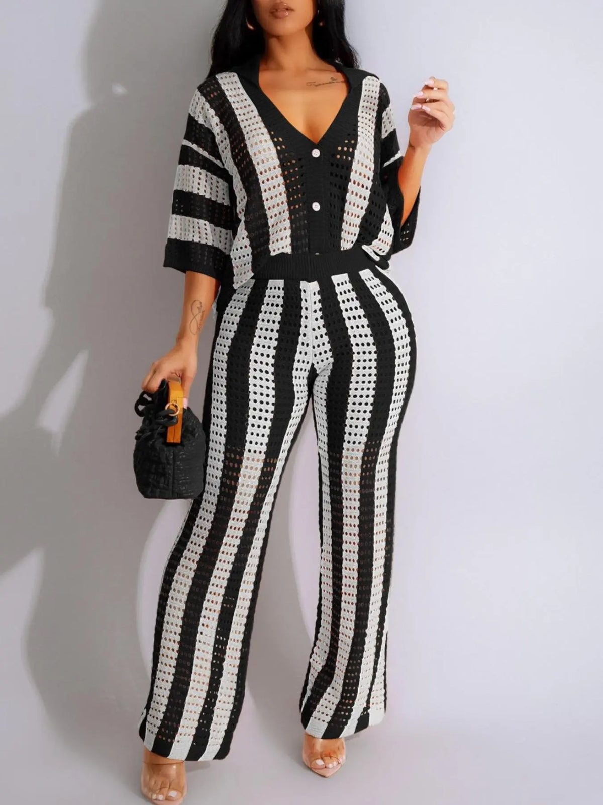 Women's Color-Block Striped Cutout Button-Front Top & Wide-Leg Pants Two-Piece Set