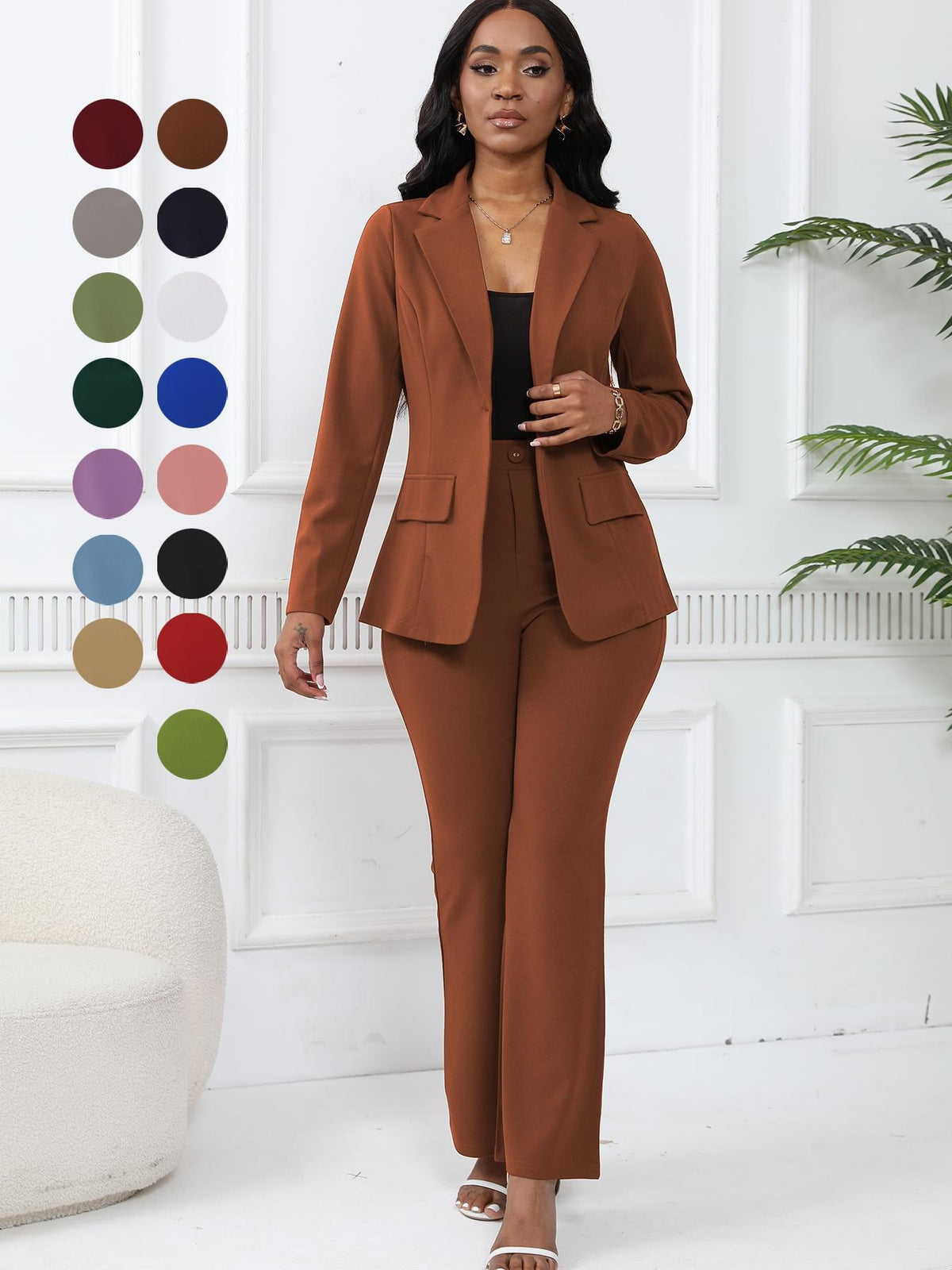 Women's Button Lapel Blazer & Suit Pants Set