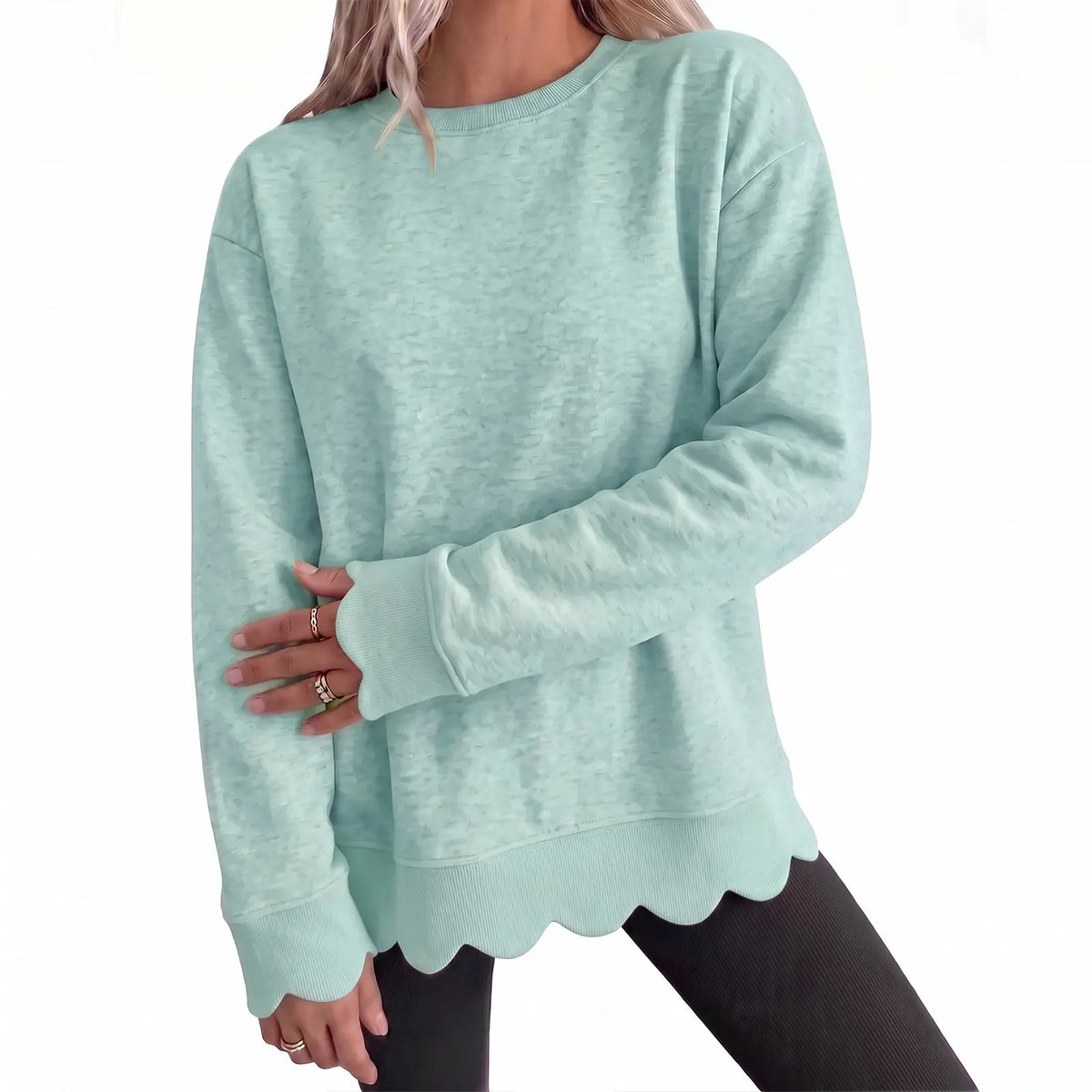Women's Oversized Scallop Hem Heather Sweatshirt - Vintage Crewneck Tunic Pullover