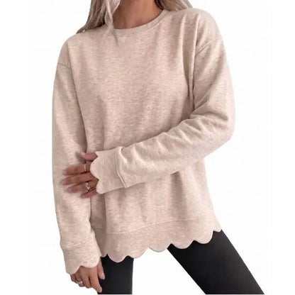 Women's Oversized Scallop Hem Heather Sweatshirt - Vintage Crewneck Tunic Pullover