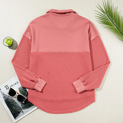 Women's Half-Zip Waffle Knit Pullover - Oversized Long Sleeve Casual Cotton Top