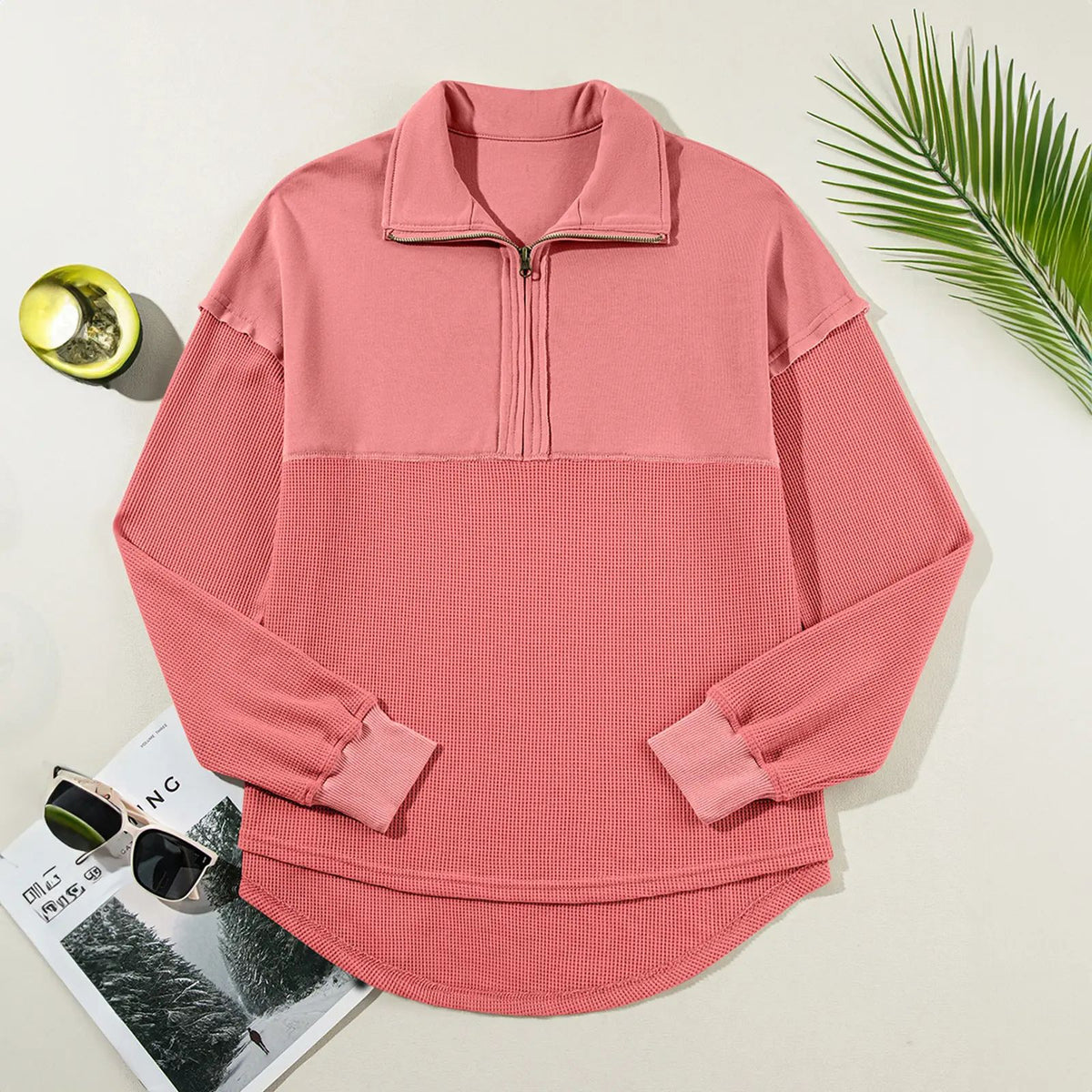 Women's Half-Zip Waffle Knit Pullover - Oversized Long Sleeve Casual Cotton Top