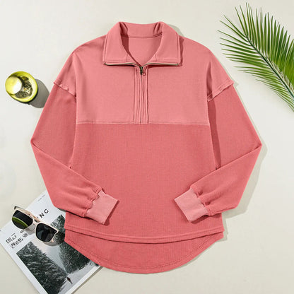 Women's Half-Zip Waffle Knit Pullover - Oversized Long Sleeve Casual Cotton Top