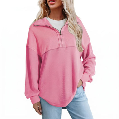 Women's Half-Zip Waffle Knit Pullover - Oversized Long Sleeve Casual Cotton Top