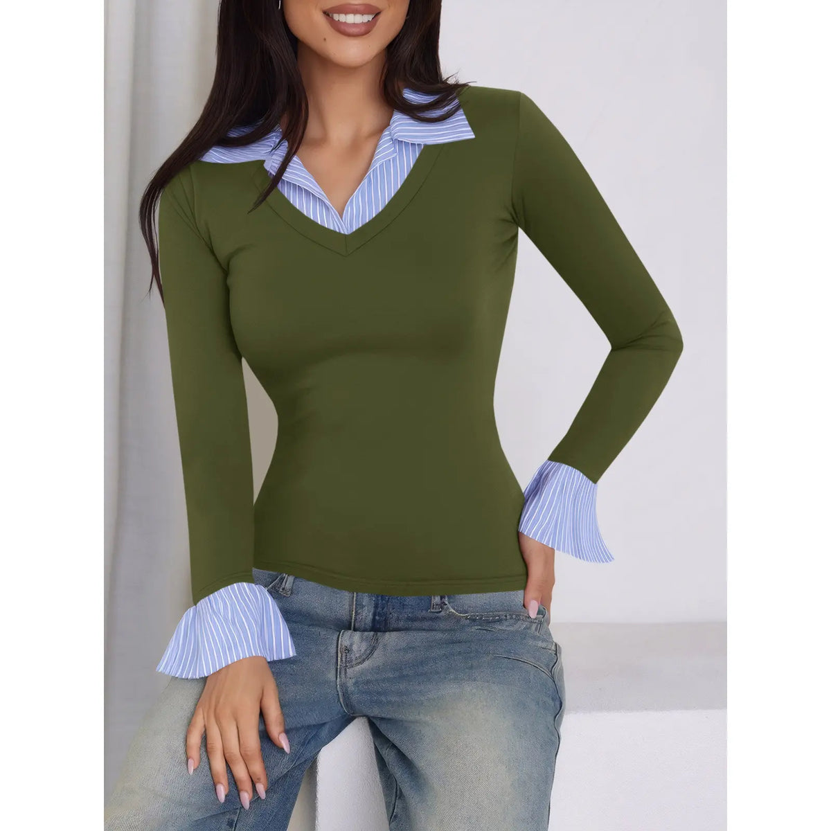 Women's Long Sleeve V-Neck Collared Polo Shirt