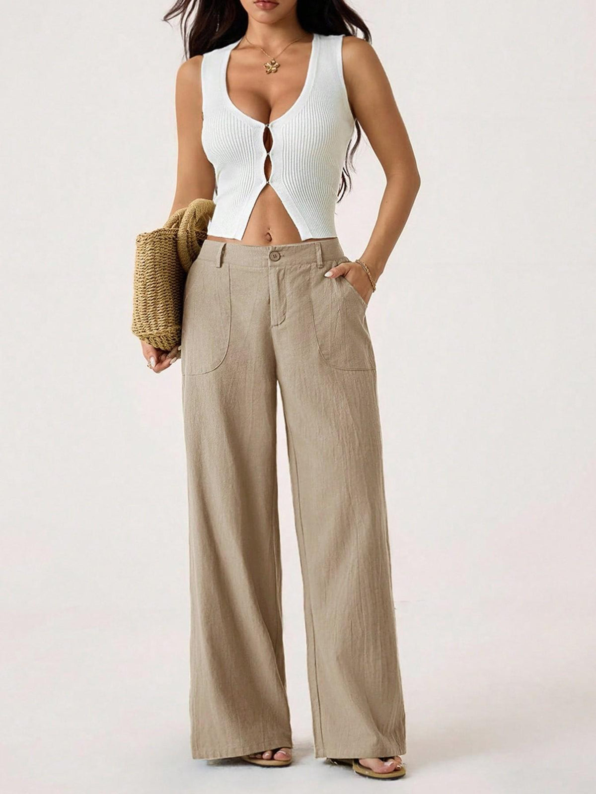 Women's High Waist Linen Palazzo Wide Leg Pants