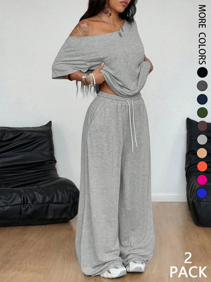 Women's Off Shoulder Top & Wide Leg Pants Set