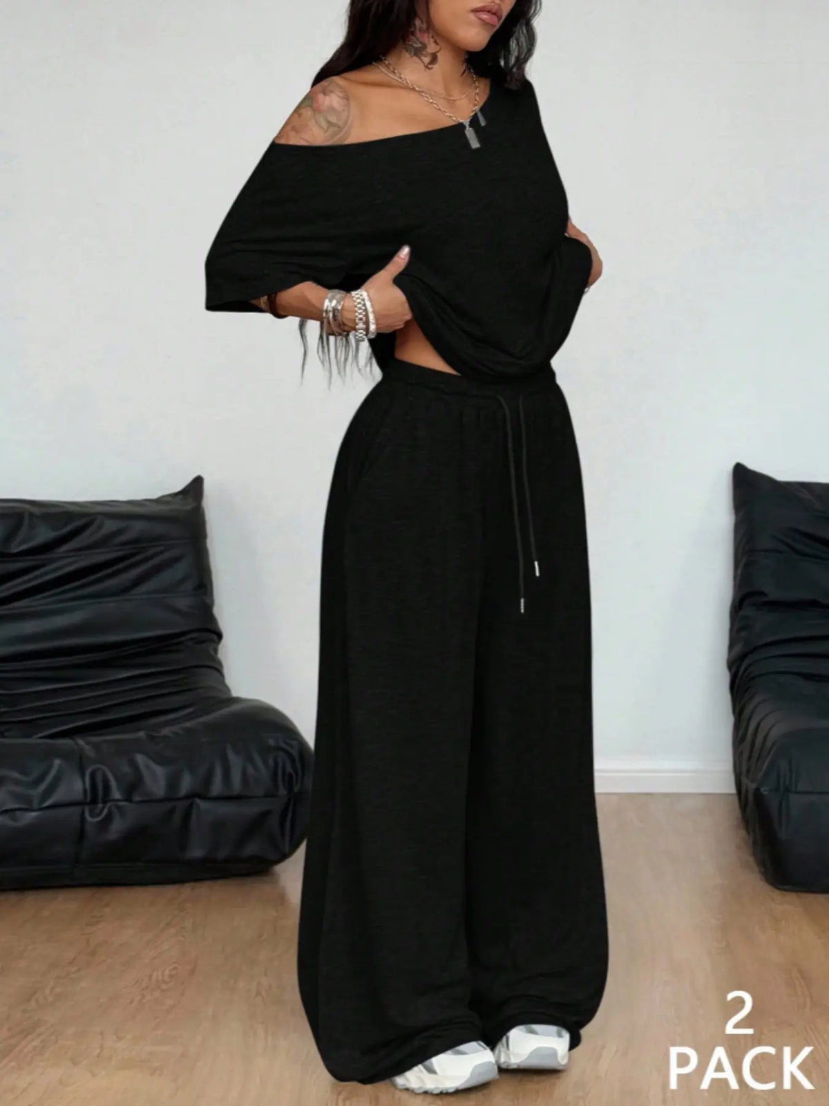 Women's Off Shoulder Top & Wide Leg Pants Set