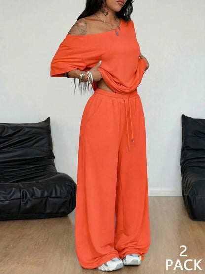 Women's Off Shoulder Top & Wide Leg Pants Set