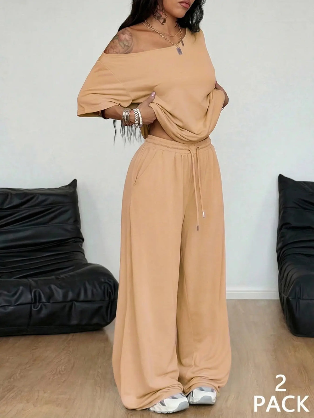 Women's Off Shoulder Top & Wide Leg Pants Set