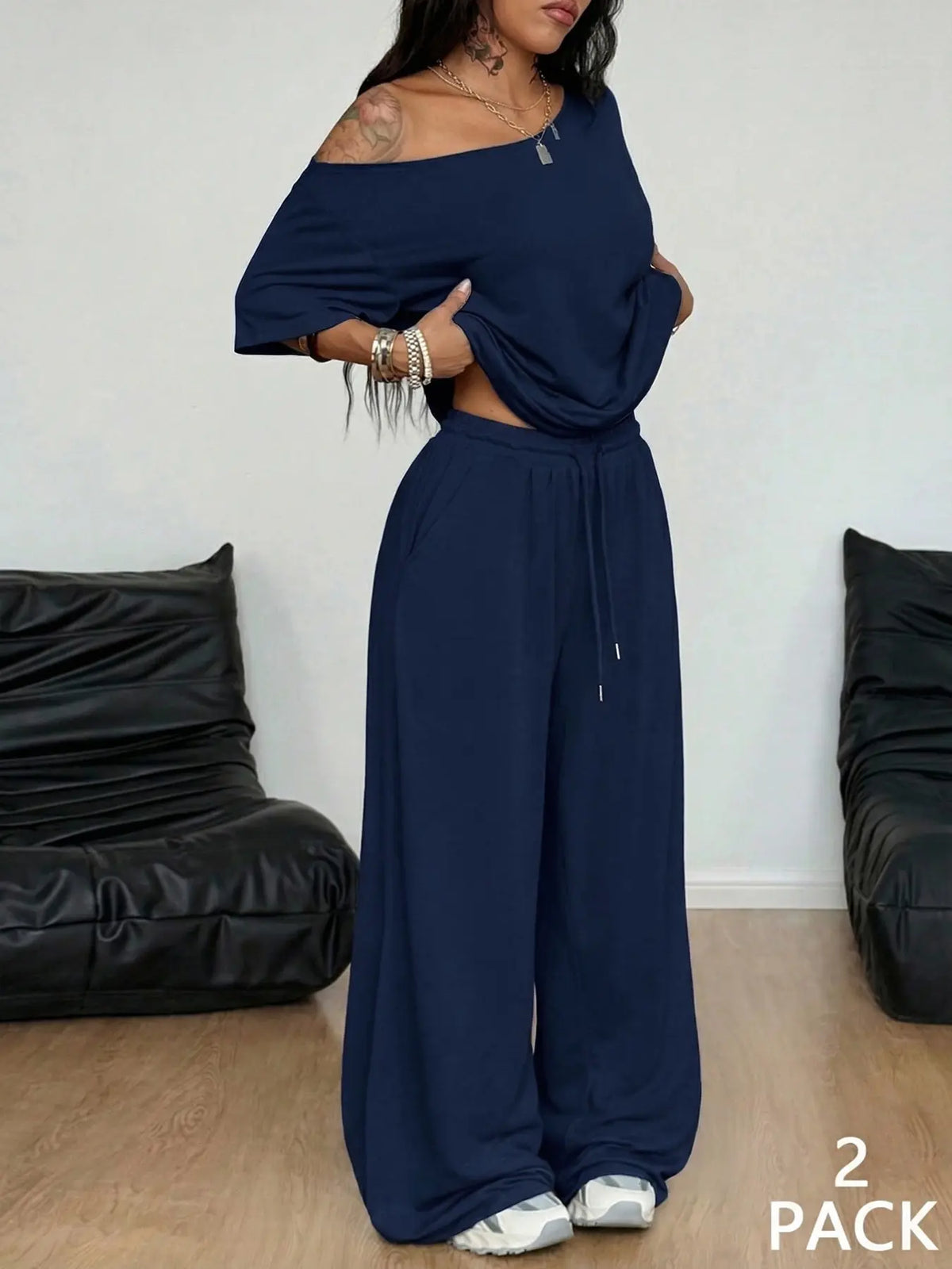 Women's Off Shoulder Top & Wide Leg Pants Set
