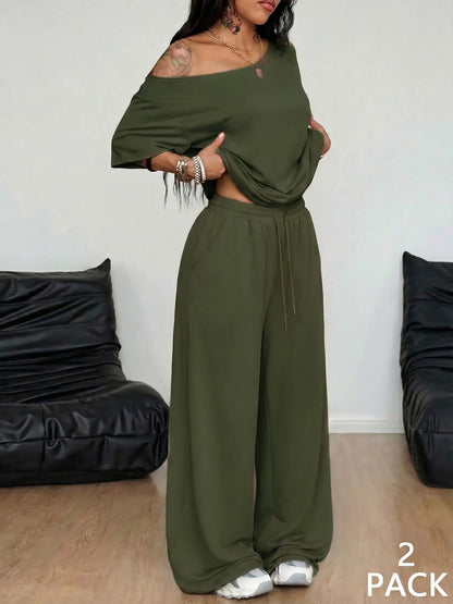 Women's Off Shoulder Top & Wide Leg Pants Set