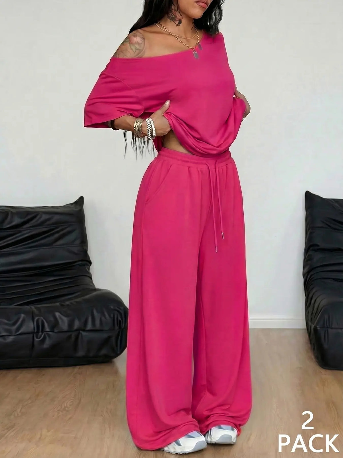 Women's Off Shoulder Top & Wide Leg Pants Set