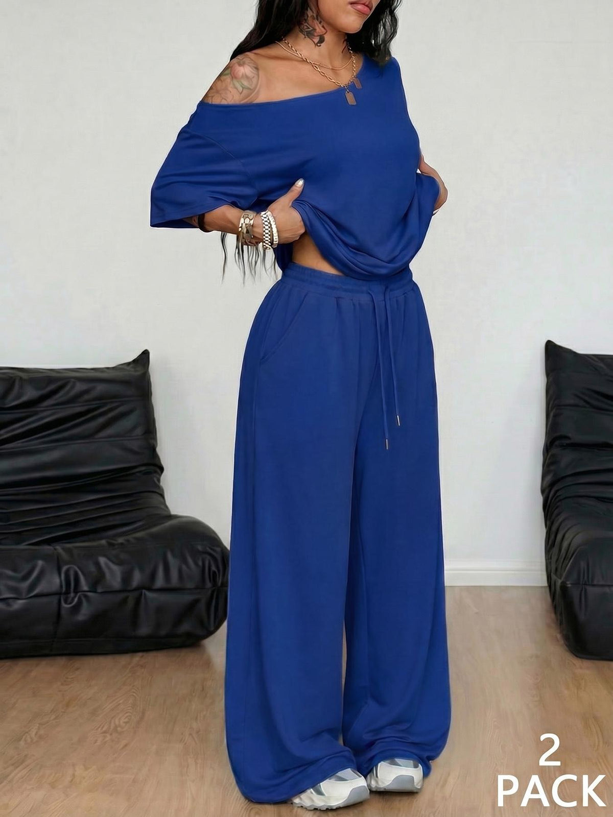 Women's Off Shoulder Top & Wide Leg Pants Set
