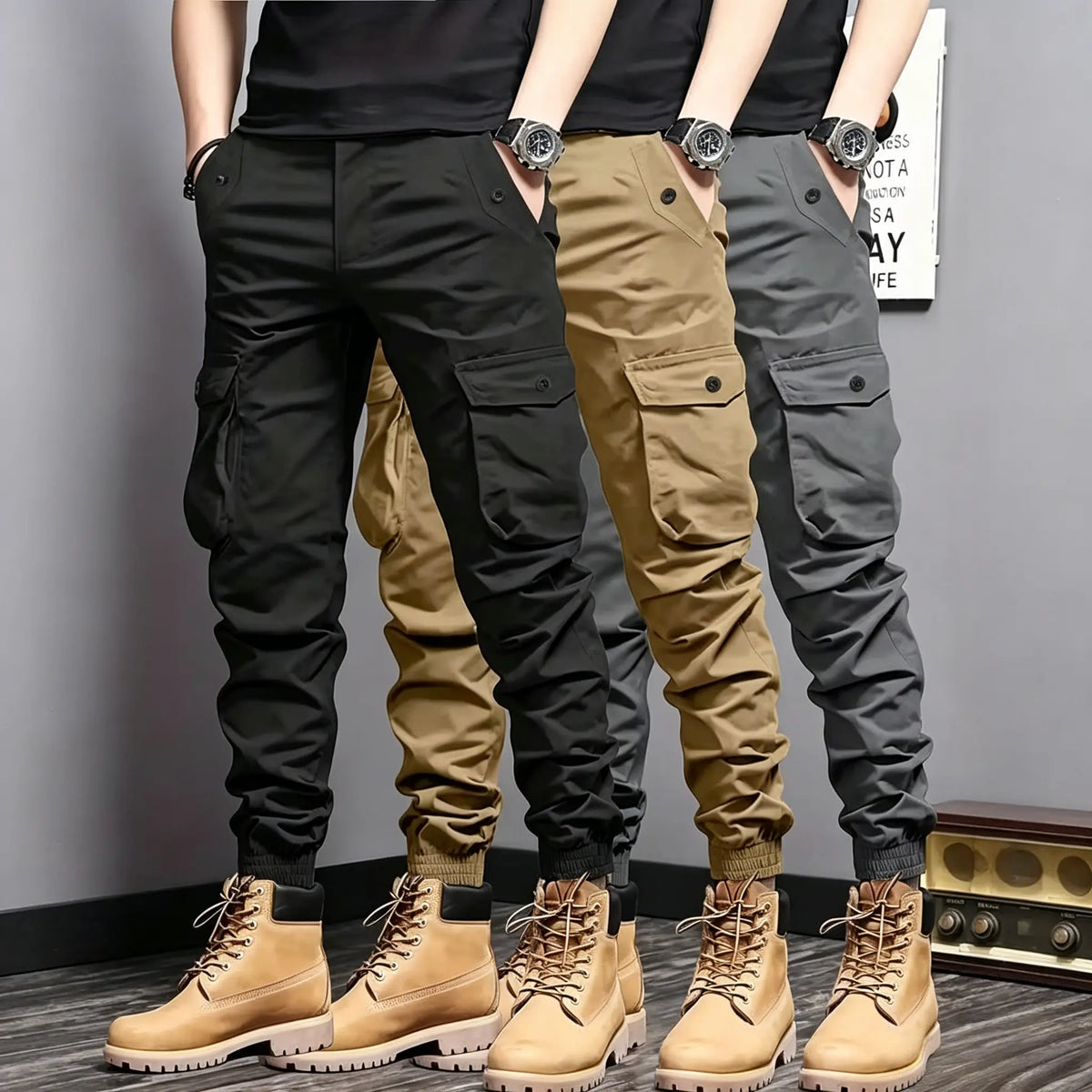 Men's Multi-Color Cargo Joggers — Multi-Pocket Tactical Casual Long Pants