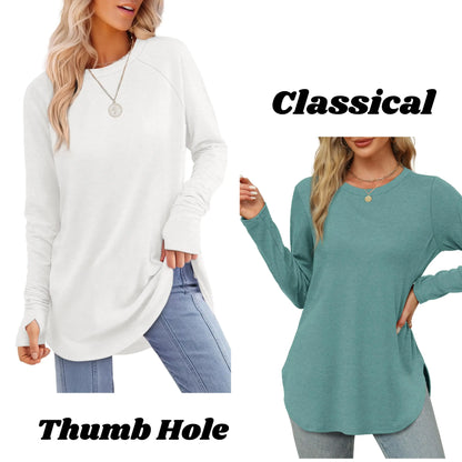 Women's Long Sleeve Tunic Top with Thumb Holes & Curved Hem