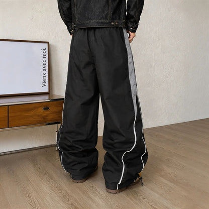 Men's high street style contrasting color splicing side striped tied wide-leg pants