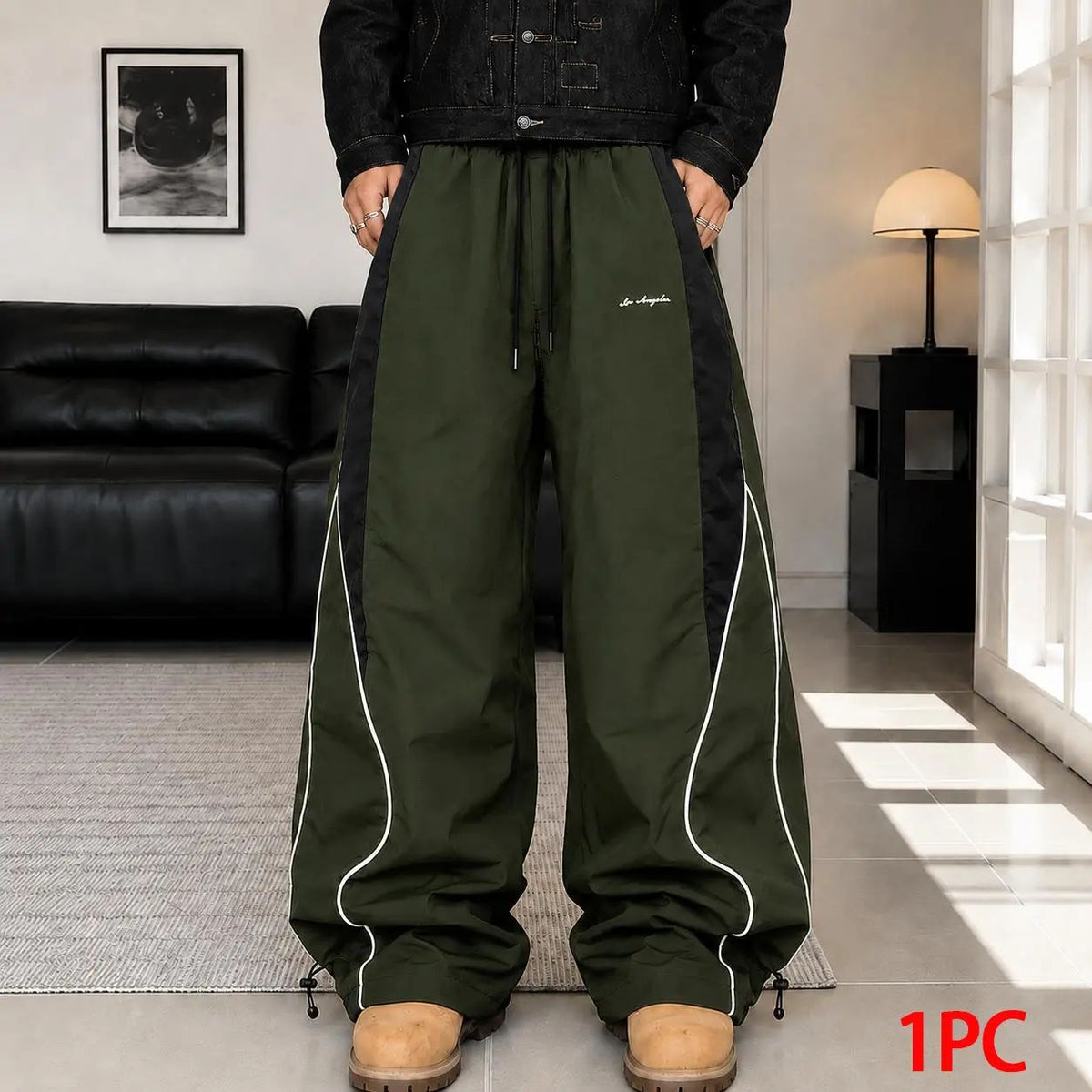 Men's high street style contrasting color splicing side striped tied wide-leg pants