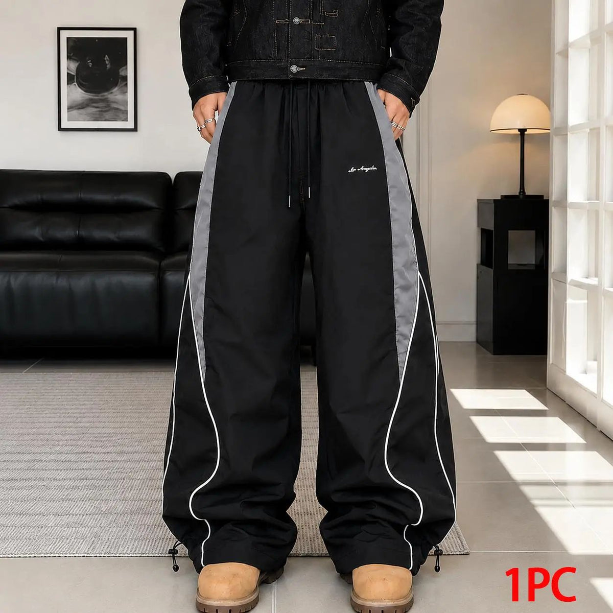 Men's high street style contrasting color splicing side striped tied wide-leg pants