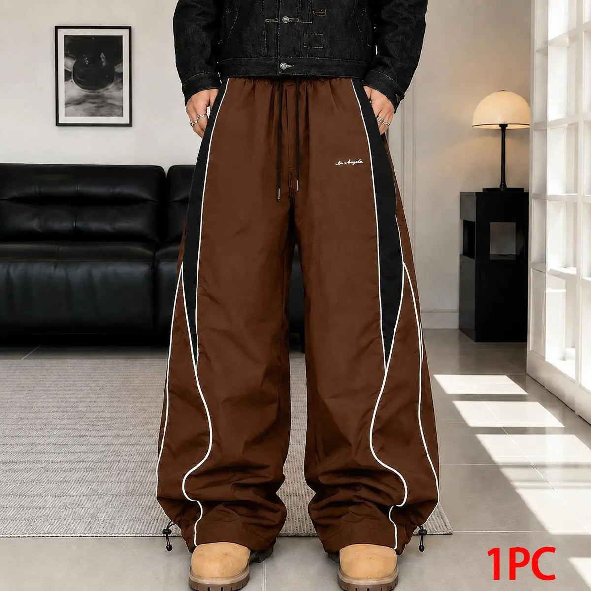 Men's high street style contrasting color splicing side striped tied wide-leg pants