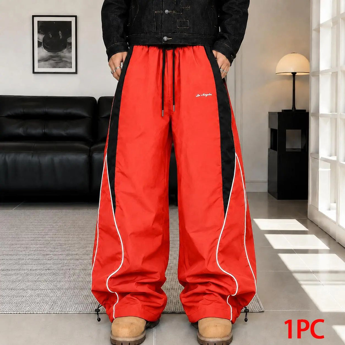 Men's high street style contrasting color splicing side striped tied wide-leg pants