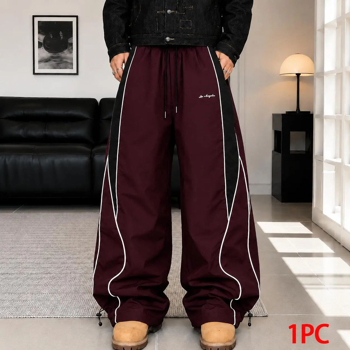Men's high street style contrasting color splicing side striped tied wide-leg pants