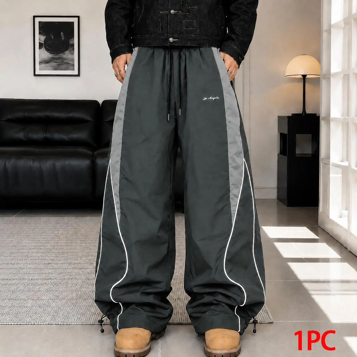 Men's high street style contrasting color splicing side striped tied wide-leg pants