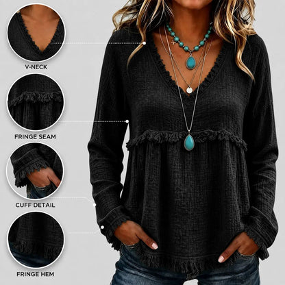 Women's Boho V Neck Long Sleeve Fringe Top