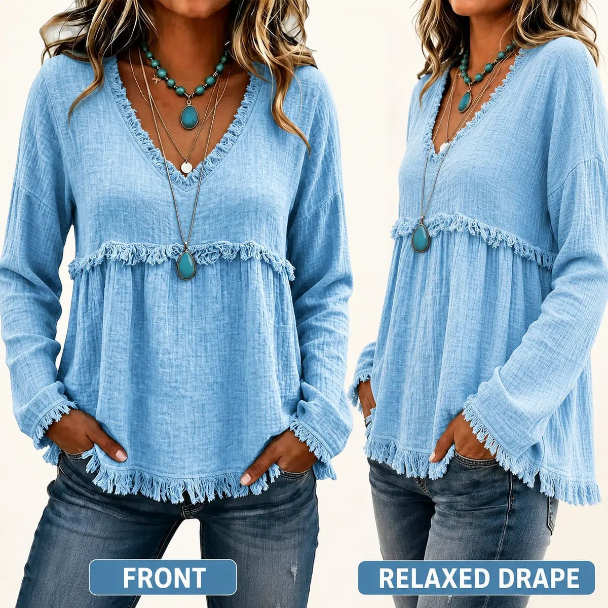 Women's Boho V Neck Long Sleeve Fringe Top