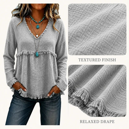 Women's Boho V Neck Long Sleeve Fringe Top