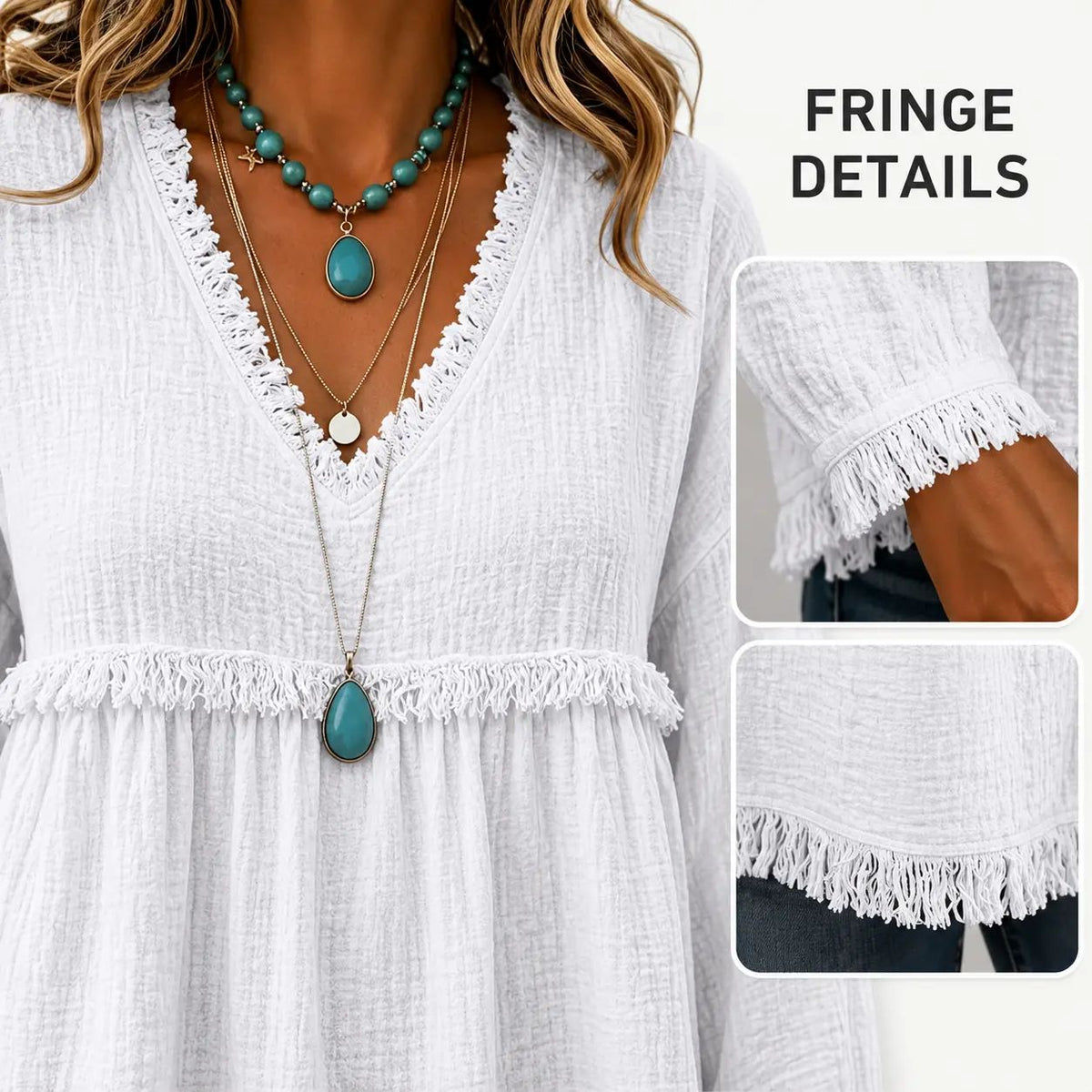Women's Boho V Neck Long Sleeve Fringe Top