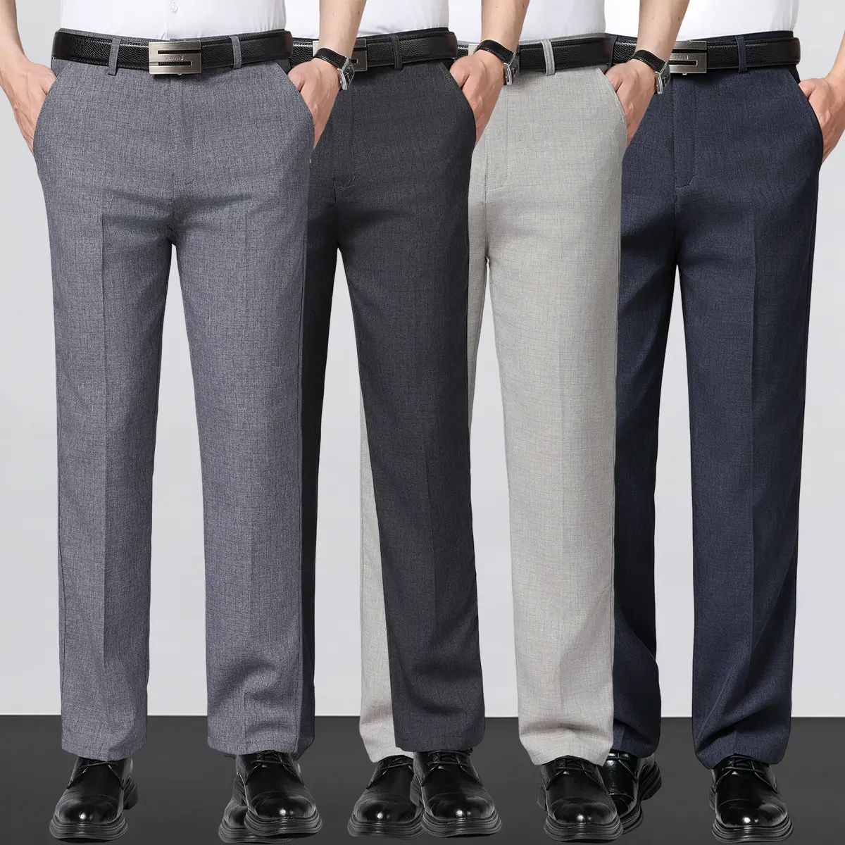 Men's Business Casual Dress Pants (4pcs) - Slim Fit Straight Leg, Plain Classic Menswear with Draping Effect