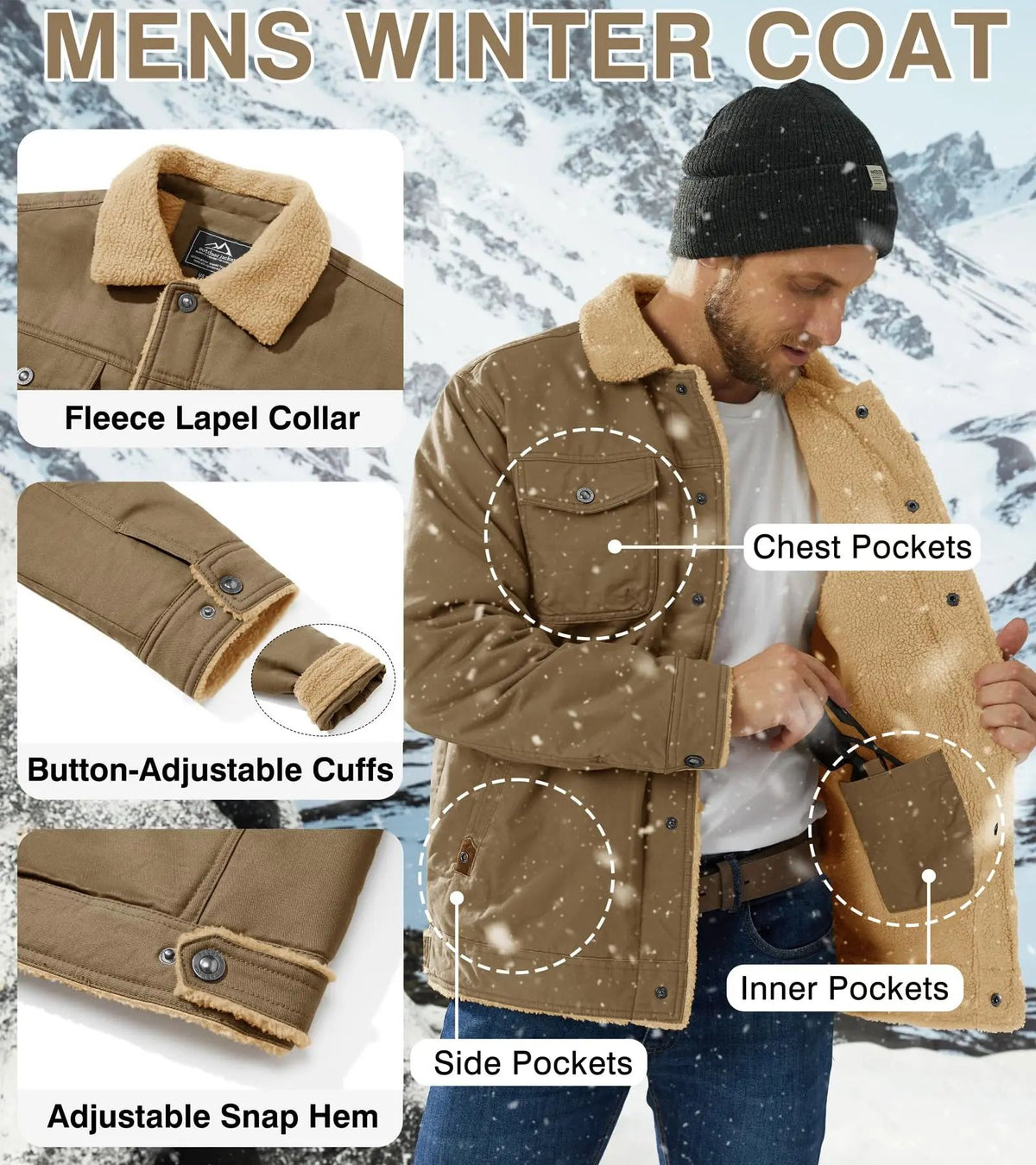 Men's Sherpa Lined Soft Fabric Longsleeves Winter Trucker Cargo Jacket
