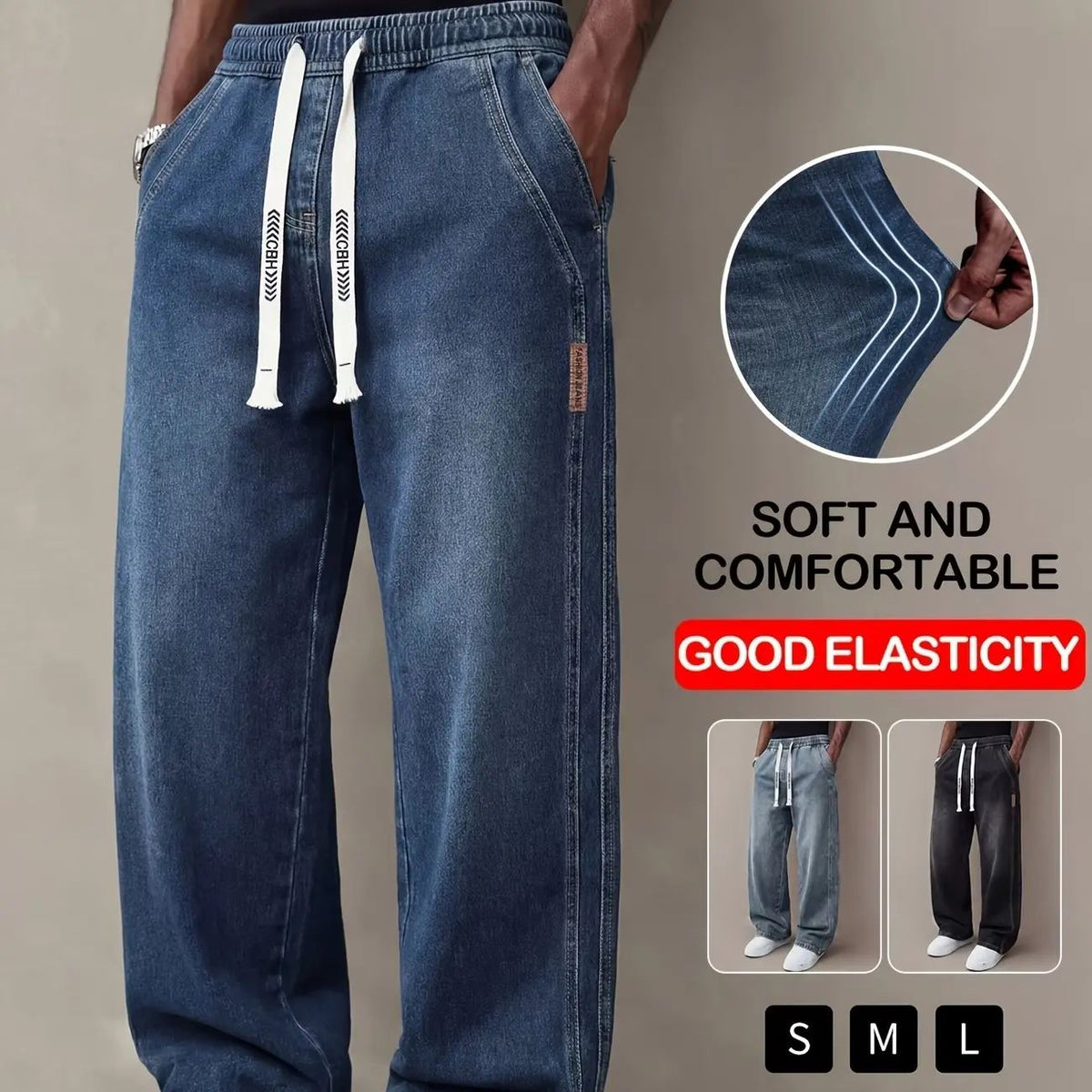 Men's Drawstring Elastic Waist Straight-Leg Jeans