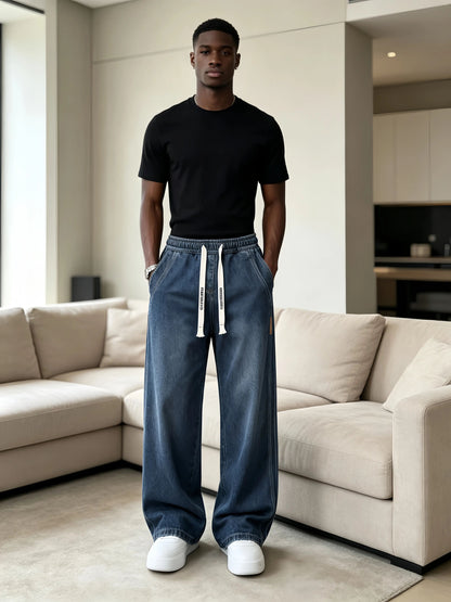 Men's Drawstring Elastic Waist Straight-Leg Jeans