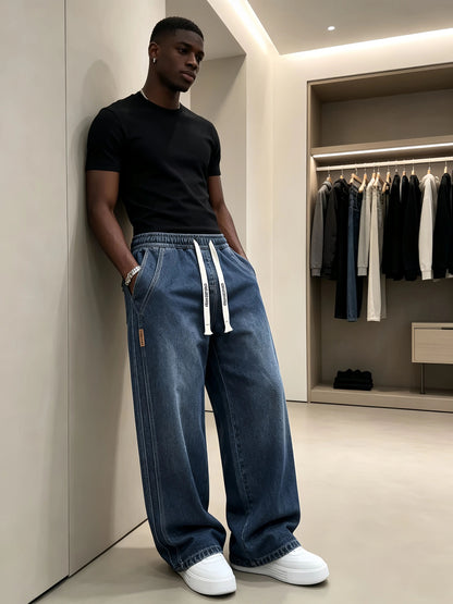 Men's Drawstring Elastic Waist Straight-Leg Jeans